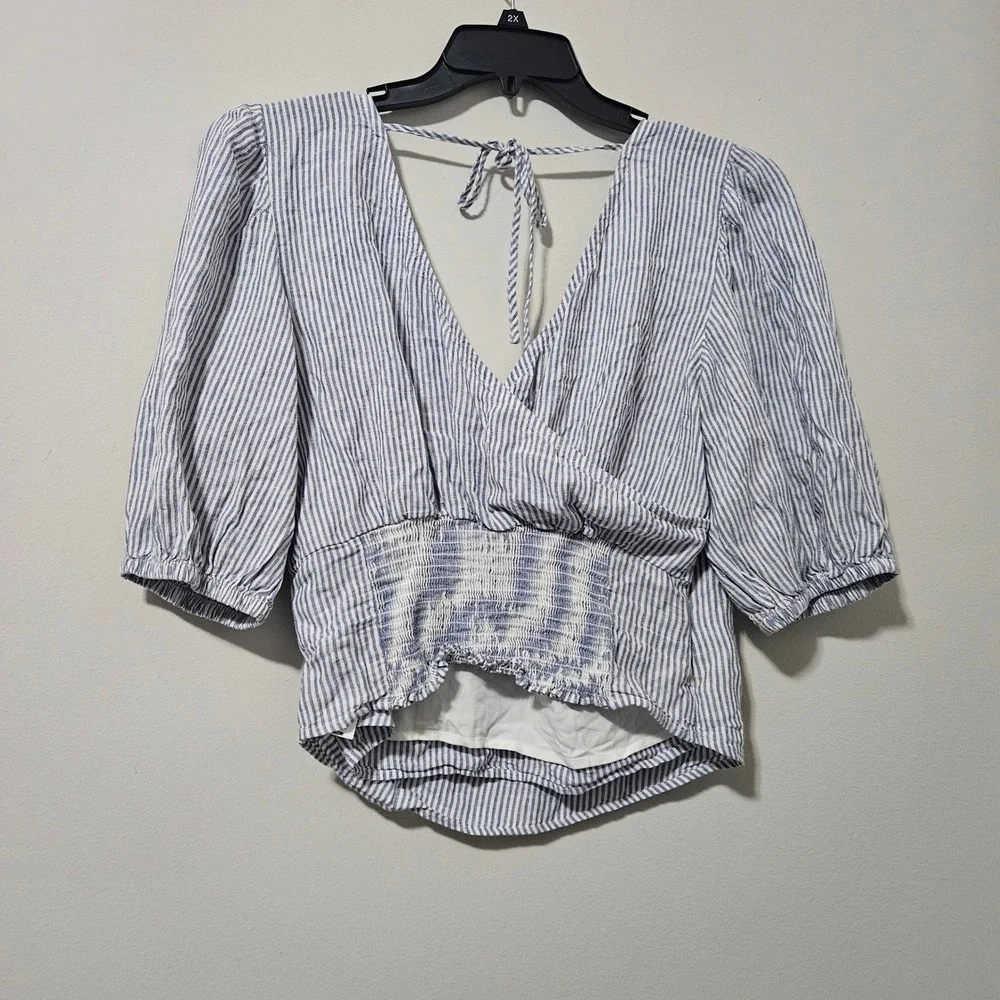 Abercrombie & Fitch Blue White Striped Wrap Puff Sleeve Smocked Back Blouse L‎
